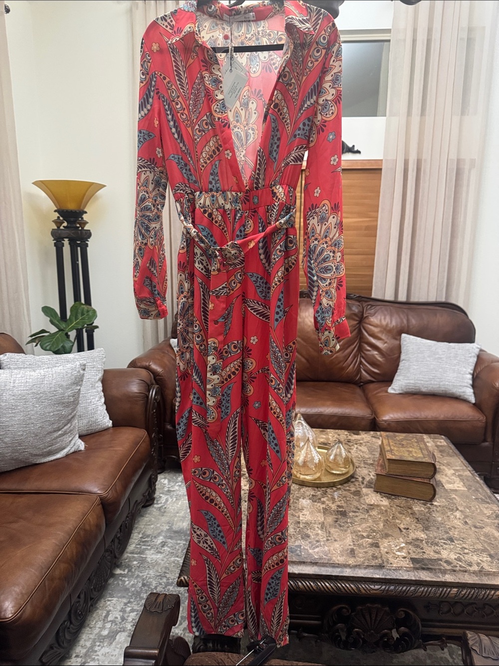 Red Paisley-Print Long Sleeve Wrap Jumpsuit with Belt